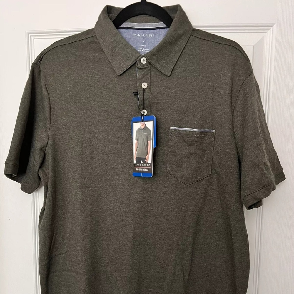 Tahari Men's Fine Cotton Interlock Short Sleeve Polo Shirt, Green, Size L